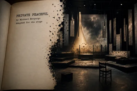 An open script titled Private Peaceful by Michael Morpurgo, adapted for the stage. The page dissolves into ink and birds that scatter onto a lit set: hanging panels, a painted sky, stepped rostra and a single wooden chair in a shaft of warm light.